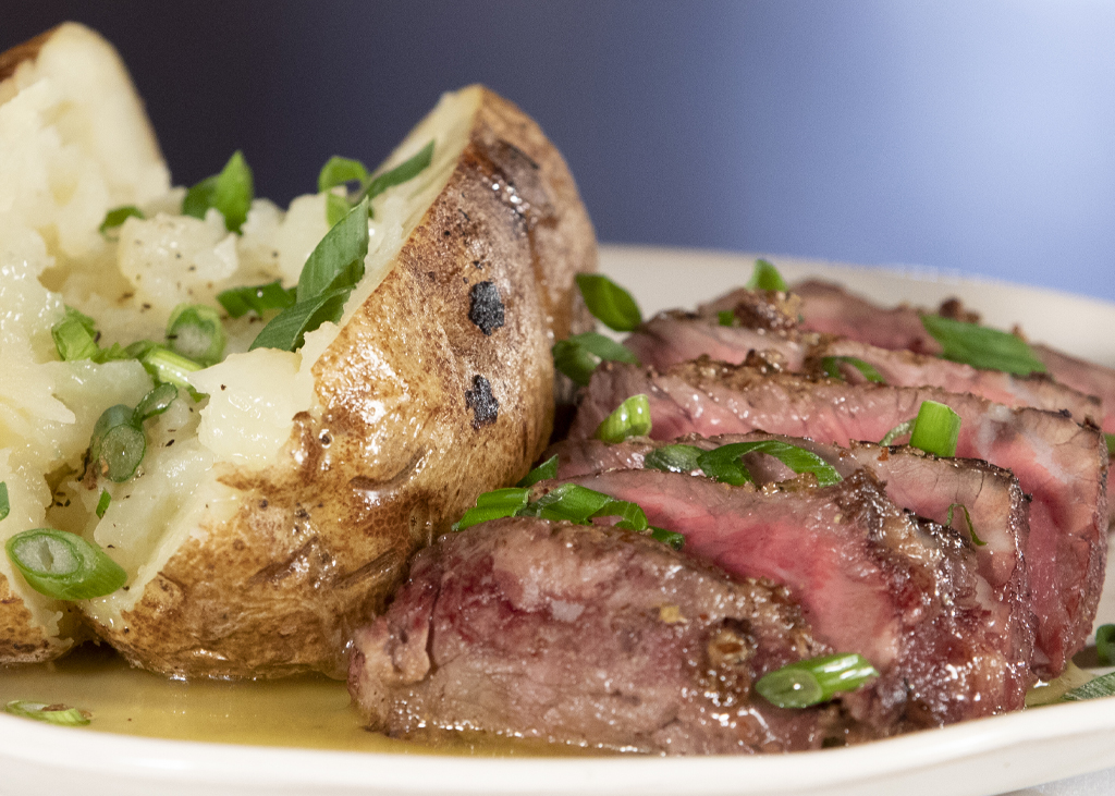HERB & MUSTARD SIRLOIN WITH BAKED POTATOES
